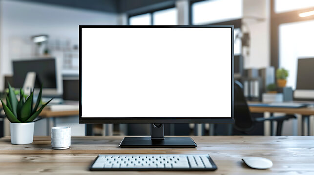 Blank white LCD screen, mouse and keyboard on top table, on office blurred background, for mock-up.