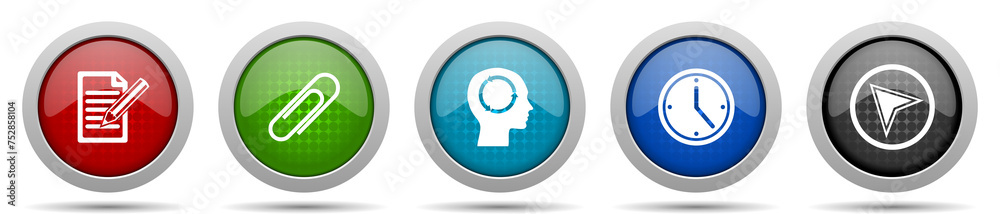 Aufkleber education icons, miscellaneous buttons such as register, attach, head, clock and navigation arrow, c
