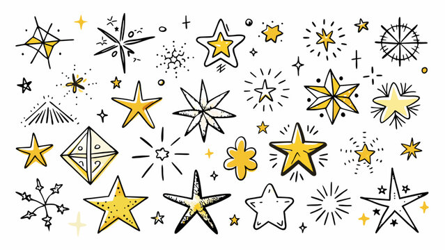 Line sketch star. Doodle scribble glitter and sparkles. Cartoon ink shine light icon. Hand drawn spark elements and group stars isolated on white background. Vector set