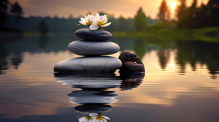 Soothing zen background with pebbles and flowers