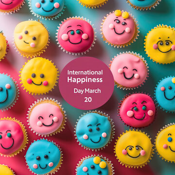 Grupo de pastelitos de colores vivos, sonrientes para celebrar el día internacional de la felicidad, el 20 de Marzo, especial conmemoración dulce y apetecible como la felicidad misma, papelería, token