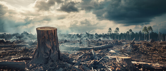 A solitary tree stump stands amid a desolate deforested landscape.
