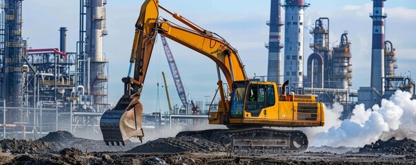 Heavy machinery in action at a construction site near a manufacturing plant illustrating the power of industrial development and urban expansion - obrazy, fototapety, plakaty