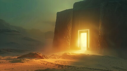 Radiant tomb glowing softly warp gate in a forgotten desert guarding secrets of a once powerful dynasty - obrazy, fototapety, plakaty