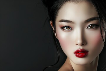 Woman Wearing Red Lipstick on Black Background. Generative AI
