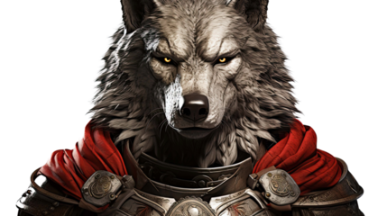 The warrior wolf with guardian armor warrior dress costume. Close up Portrait knight wolf with formidable look isolated on clear png background