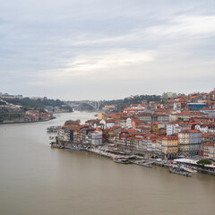 view of Old Porto Oporto city and Ribeira over Douro river from Vila Nova de Gaia, Portugal