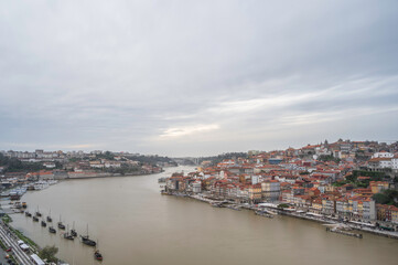 view of Old Porto Oporto city and Ribeira over Douro river from Vila Nova de Gaia, Portugal