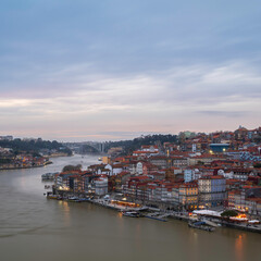 view of Old Porto Oporto city and Ribeira over Douro river from Vila Nova de Gaia, Portugal
