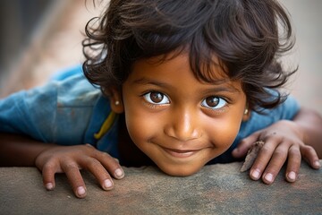 A Dalit child, around 5-6 years old, engaged in play. The child's clothing is simple, possibly hand-me-downs, yet the joy and innocence in their eyes reflect the universal spirit of child - obrazy, fototapety, plakaty