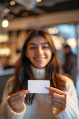 woman holding a credit or business card mockup in her hand