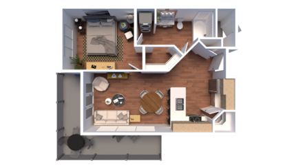 3d Floor plan for One Bedroom Top view interior design. Visualizations.