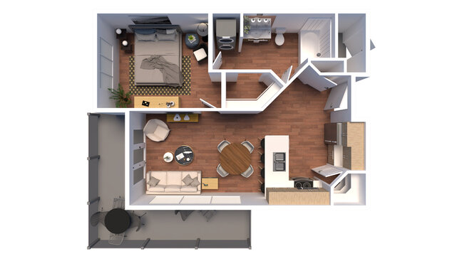 3d Floor plan for One Bedroom Top view interior design. Visualizations.