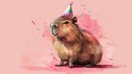 capybara smiles in a party hat sitting right on a pink plain background, watercolor. Banner with copy space for text. April Fool's Day