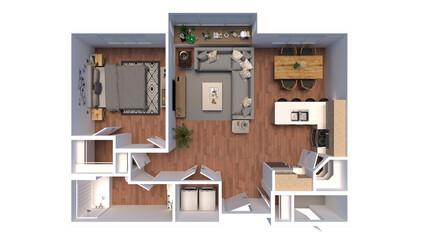 3d Floor plan for One Bedroom Top view interior design. Visualizations.