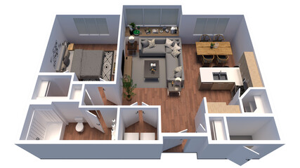 3d Floor plan for One Bedroom Top view interior design. Visualizations.
