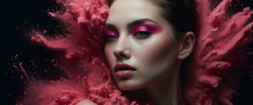 A creative image featuring a woman with dramatic pink makeup among a vivid pink powder burst