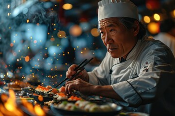 Japanese chef cooking sushi in a restaurant. Selective focus on the chef. Japanese Cuisine Concept with Copy Space.
