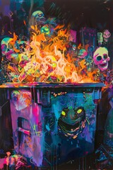 Vibrant depiction of dumpster fires with whimsical faces in a variety of styles