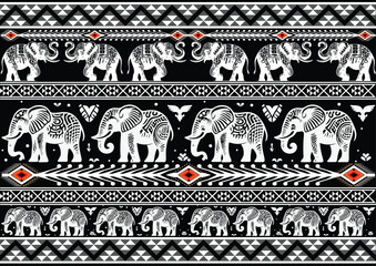 Mehndi henna border seamless pattern element with elephants and flower line lace in Indian style isolated on white background. Vector illustration