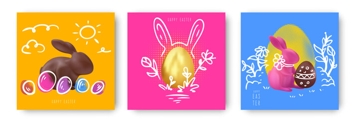 Happy easter. Set background composition for card, cover, poster in modern bright abstract style. Collection festive pop art collages. Vector holiday illustration.