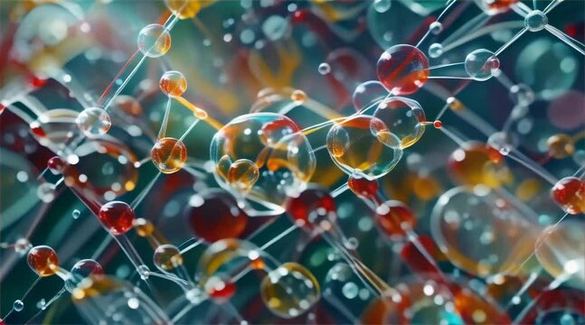 Video depicting close-up views of molecular structures with a focus on translucent and reflective spherical elements, using a palette of cool blues and warm reds