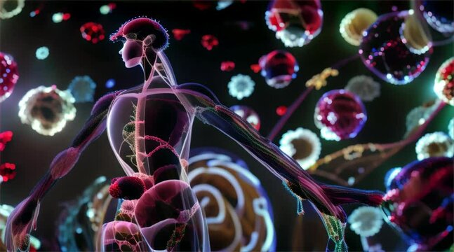A translucent human figure with visible anatomy surrounded by floating multicolored cells.