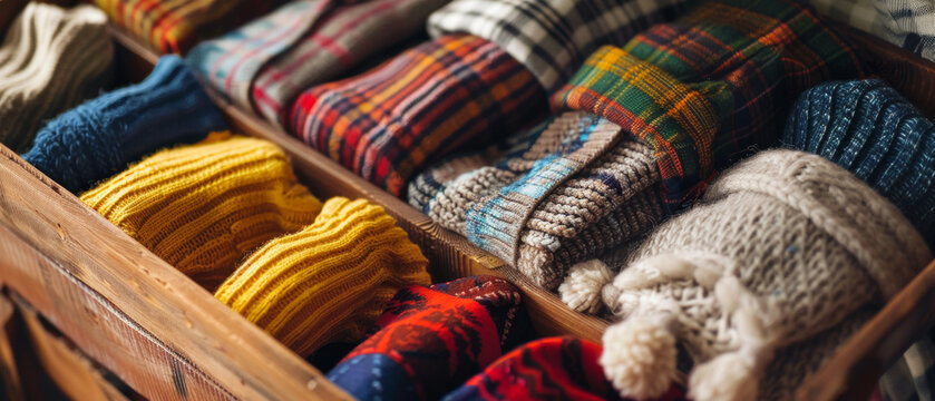 A cozy assortment of colorful knitted winter clothing in a wooden drawer.