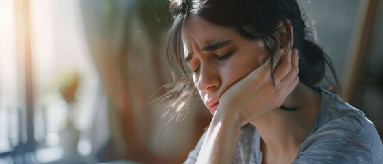 Woman lost in thought, sunlight casting a gentle glow on a pensive moment.