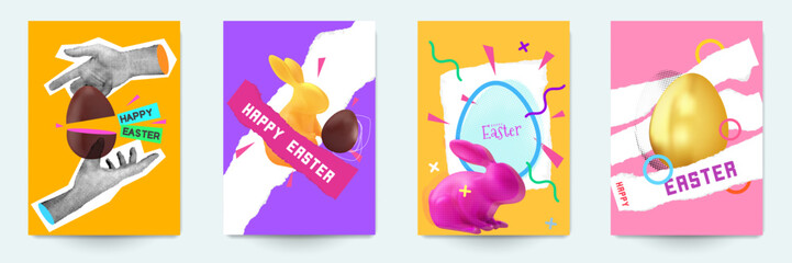 Happy easte composition. Collection festive pop art collages. Set background for card, cover, poster in modern bright abstract style. Vector holiday illustration.