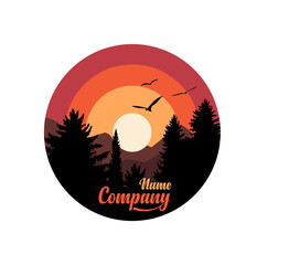 A beautiful sunset in the mountains with trees circle vector illustration