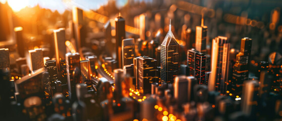 Miniature effect of a bustling cityscape at sunset, radiating warmth and energy. - obrazy, fototapety, plakaty