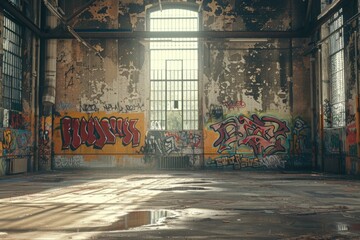 An empty room with walls covered in colorful graffiti art, showcasing urban decay and artistic...