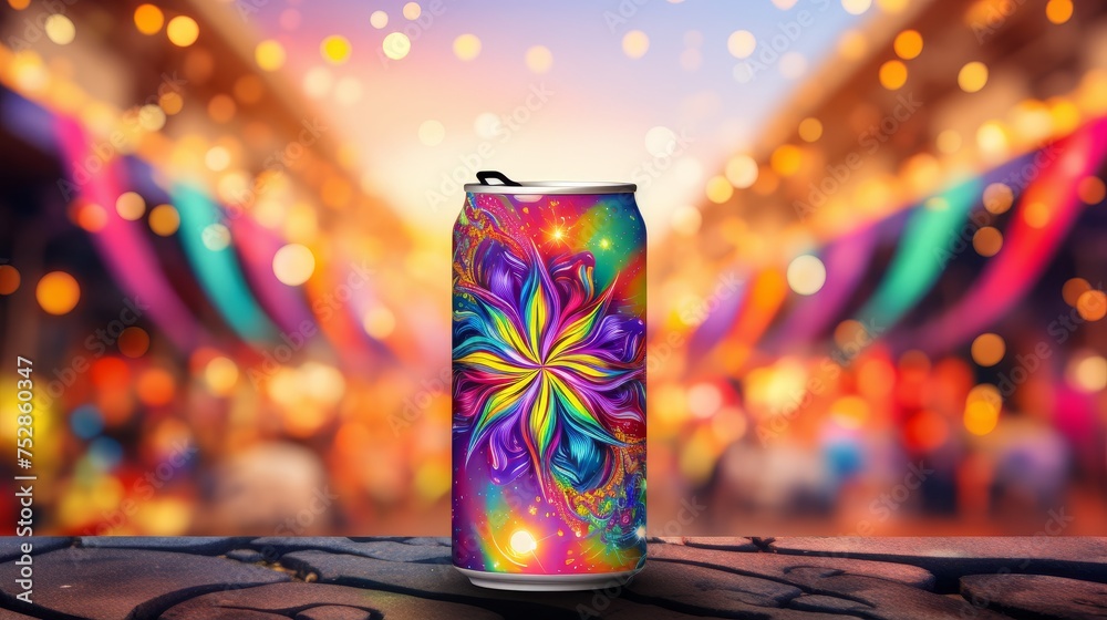 Poster mockup of an empty aluminum soda can on an abstract background with ample space for text placement