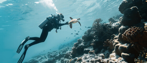 Scuba diver shares a peaceful moment with a sea turtle underwater. - obrazy, fototapety, plakaty