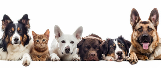 Line of diverse dogs in a row against a white background, showcasing camaraderie.