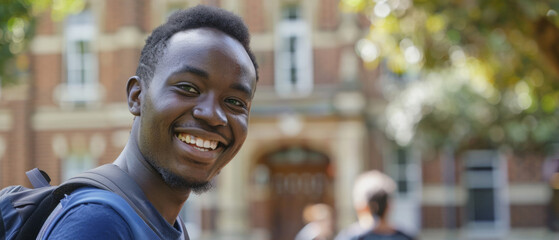 Joyful young man with a bright smile on a university campus.