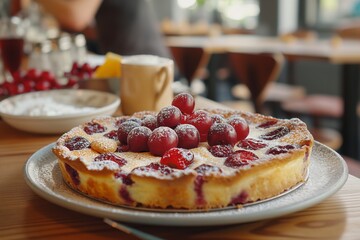 cherry filled clafoutis on a table in a cafe with bright and modern interior elements. French dessert. Concept restaurant menu, culinary blog, social media, national dishes - obrazy, fototapety, plakaty
