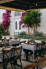 Empty cafe on a street in Trogir old town, Croatia. Travel destination in Croatia.