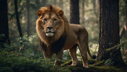 A male lion stands prominently in a forest setting with a vivid display of greenery surrounding it. This lion, featuring a striking mane, looks directly ahead with an air of confidence. Beneath the li - obrazy, fototapety, plakaty