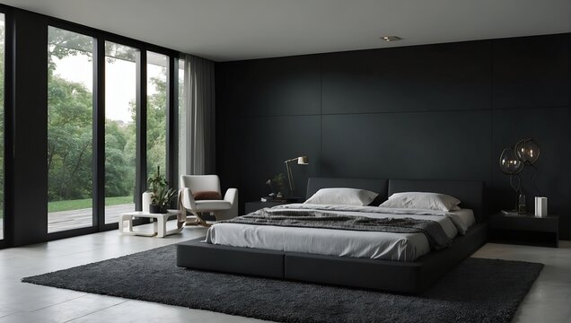 The image features a spacious and luxurious bedroom with a modern, minimalist style and a black color theme. The room is furnished with a large bed that has a dark headboard, white sheets, and a grey 