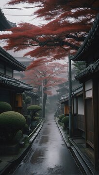 The image depicts a narrow street in a traditional Japanese village. It appears to be a rainy or misty day, as the street is wet, which enhances the serene atmosphere. The road is flanked on both side