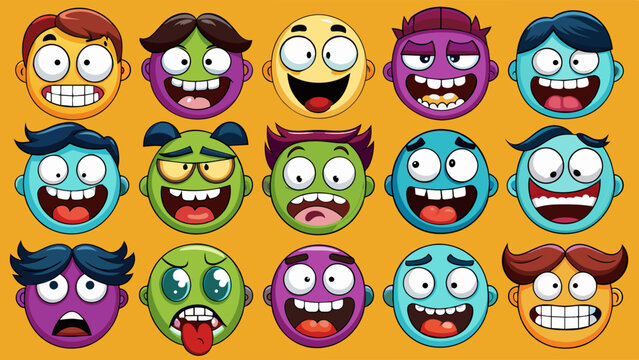 Cartoon face expression. Emotional comic face with eyes, mouths, tongue and teeth. Concept caricature feeling. Happy, sad and angry characters emotions. Vector set