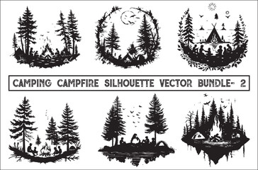 New Creative Camping campfire silhouette vector bundle, camping tent silhouette, fire silhouette vector, campfire vector free, camping campfire silhouette vector. - obrazy, fototapety, plakaty