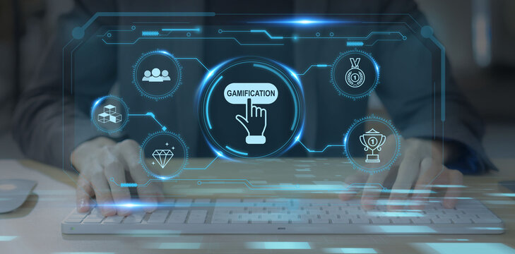 Gamification, game design concept. Using game mechanics points, levels, rewards to engage and motivate individuals to achieve goals. Fun and competition, increasing engagement, improving learning.