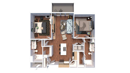 3D Floor Plan for Two Bedroom and Two Bathroom Interior Design Visualization. 