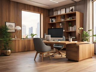Wooden office interior with narrow tables and blank wall.
