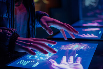 Person interacting with futuristic touchscreen interfaces.