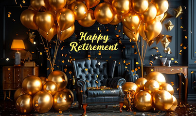 Festive and luxurious Happy Retirement celebration setup with golden balloons, confetti, and an elegant armchair, symbolizing a joyful farewell to work life