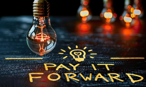 Chalkboard concept with lightbulbs and highlighted PAY IT FORWARD message, representing the idea of passing on a good deed and inspiration